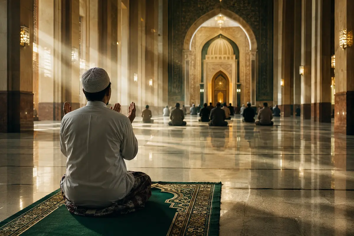 Seorang muslim dari belakang berdoa di dalam masjid