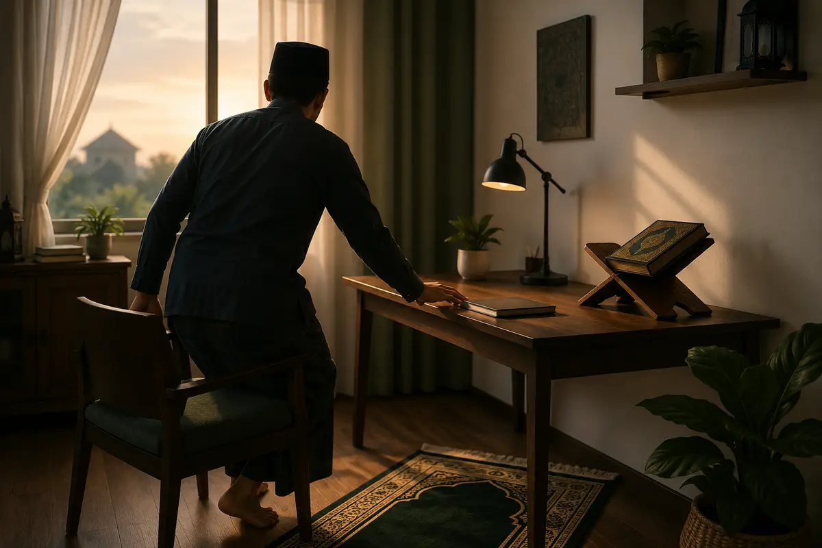 Seorang muslim dari belakang bangkit memulai aktivitas bermanfaat