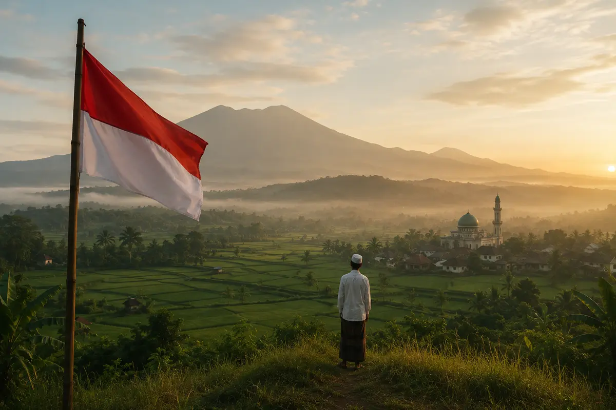 Seorang muslim dari belakang memandang pemandangan tanah air Indonesia