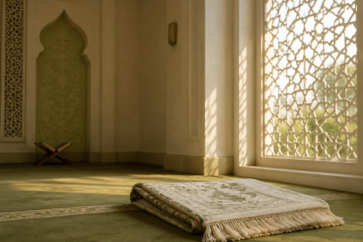 Sajadah di sudut masjid yang tenang dengan cahaya pagi