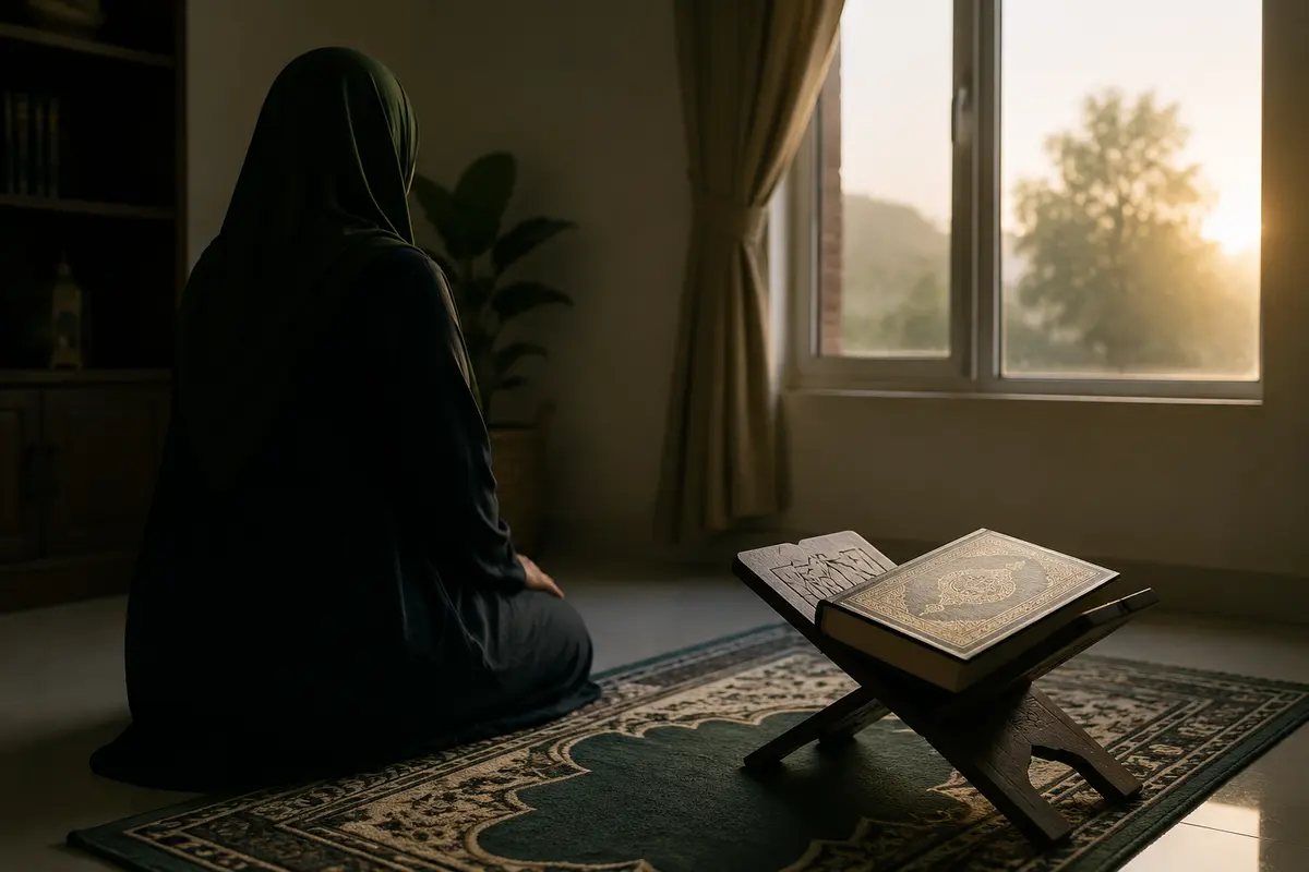Seorang muslim dari belakang duduk dekat mushaf pada waktu fajar