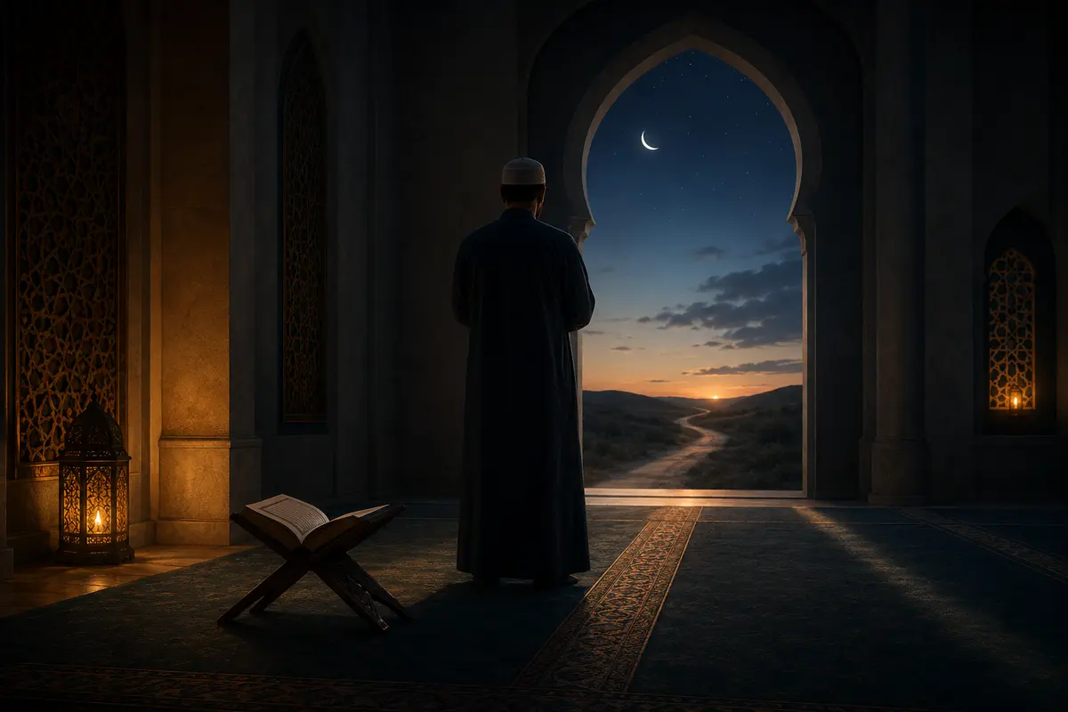 Seorang muslim dari belakang menunaikan salat malam
