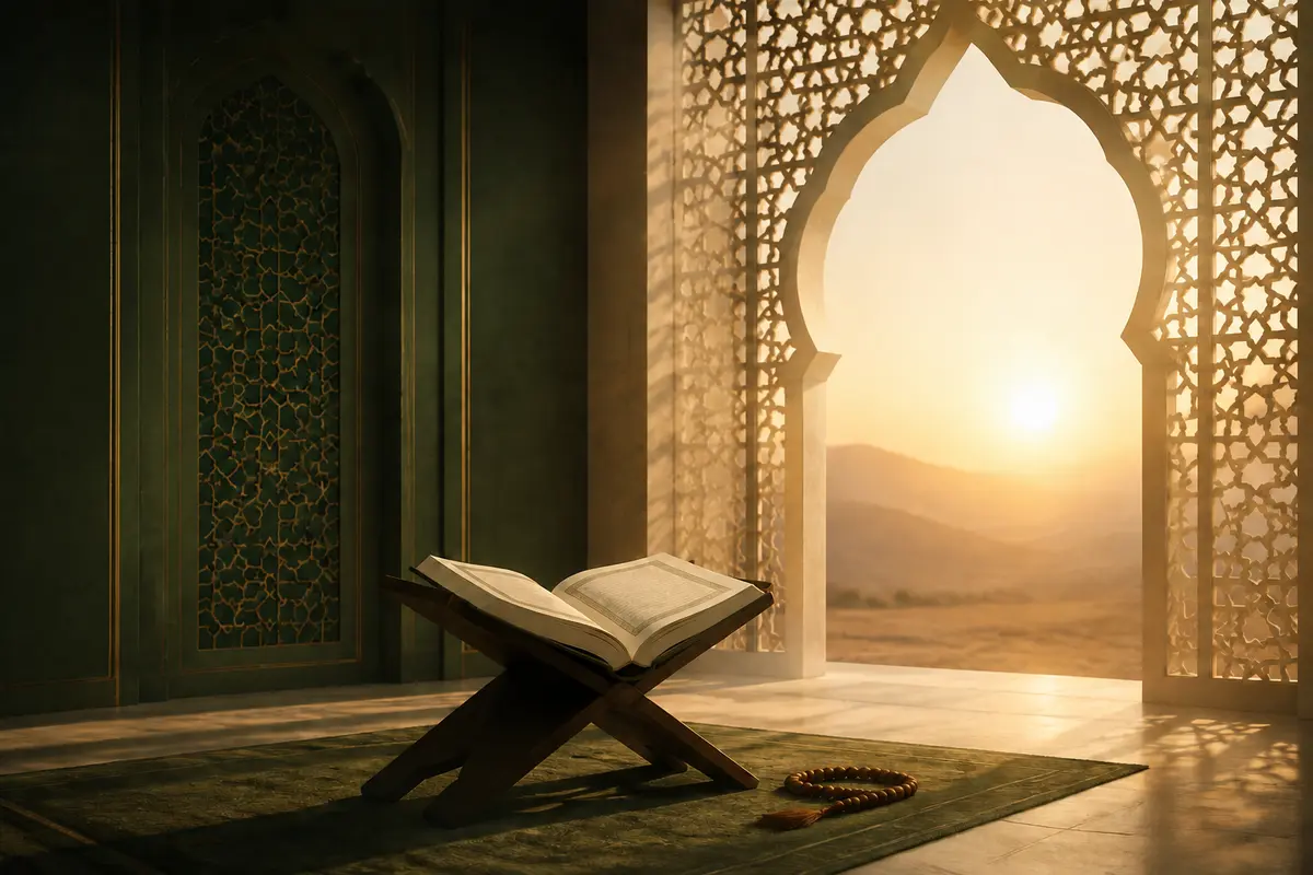 Al-Qur’an terbuka di atas rehal dalam ruang bernuansa hijau dengan cahaya fajar