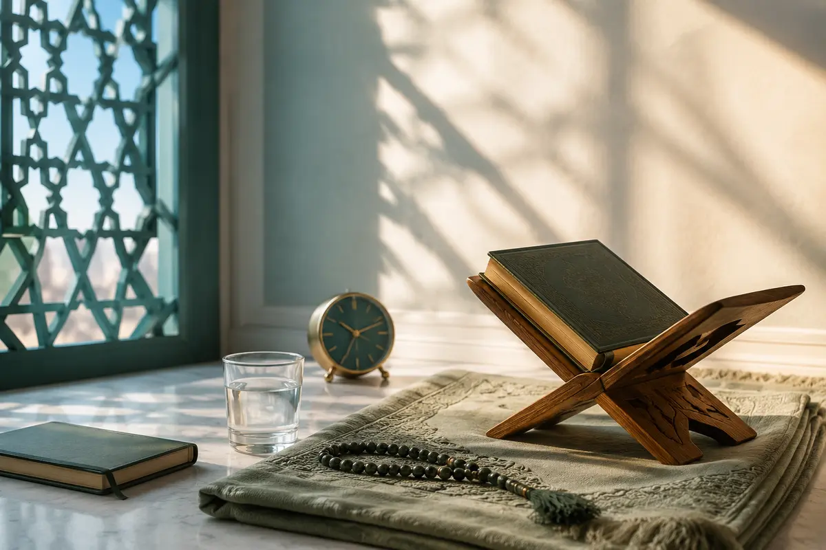 Sudut ibadah yang tenang dengan Al-Qur’an, sajadah, tasbih, jam, dan segelas air