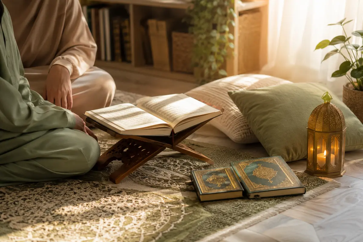 Keluarga membaca Al-Qur’an bersama di rumah