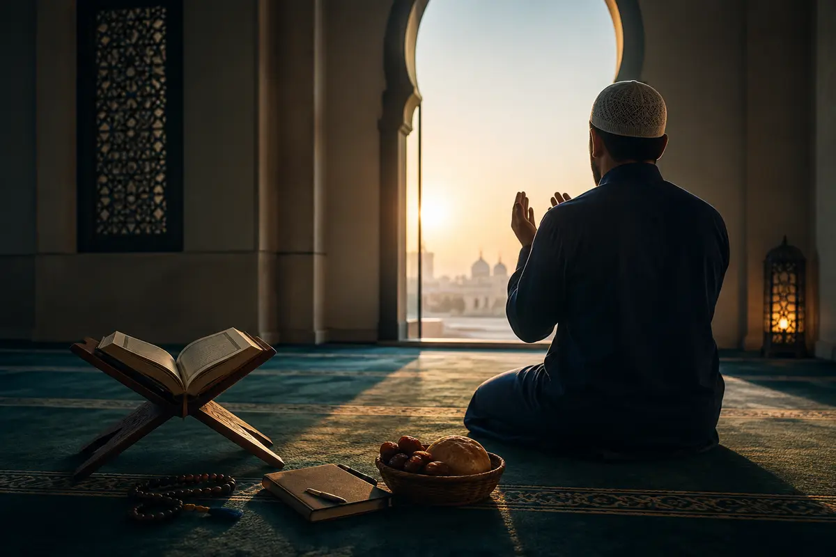 Seorang muslim dari belakang berdoa setelah shalat Subuh